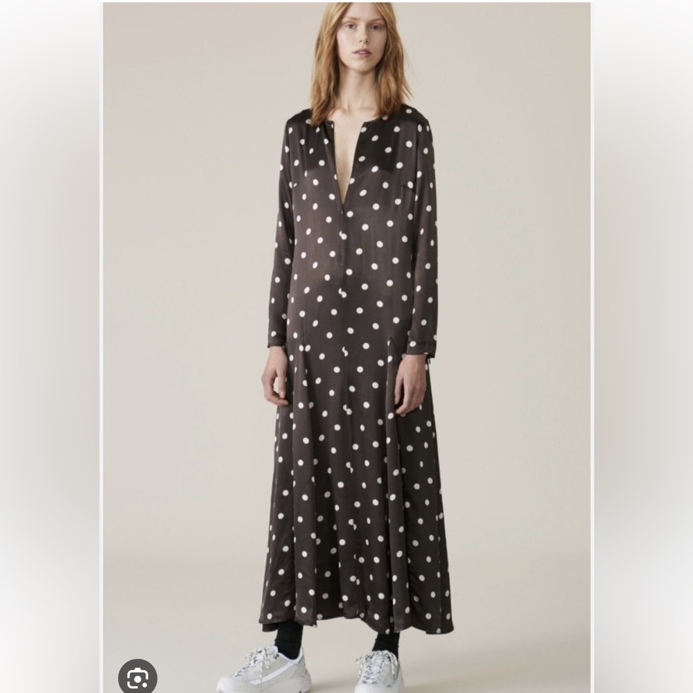 Ganni Maxi Long Sleeve Silky Satin Polka Dot Brown Dress Size M 38